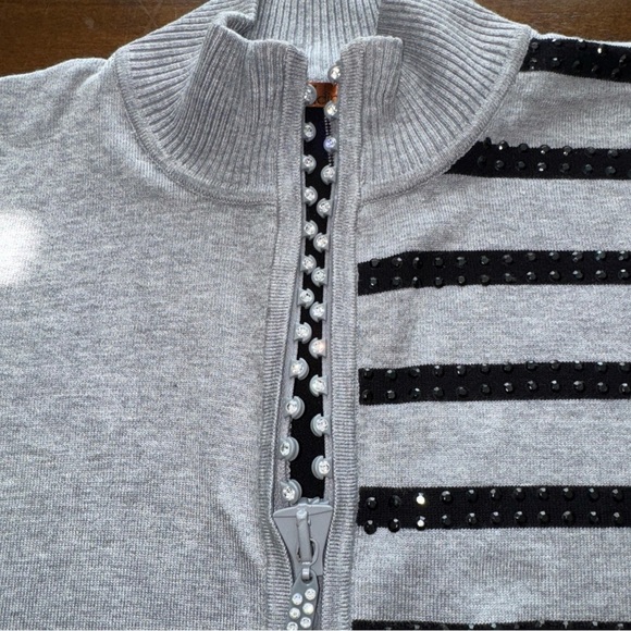 Belldini Black and Gray Stripe Zip Up Mock Neck Knit Sweater Petite Small PS - Picture 8 of 12
